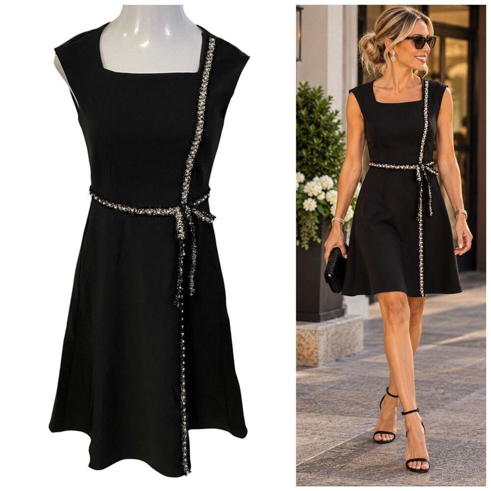 MOTF Dress Womens M Black Tweed Trim Fit Flare Midi Quiet Luxury Cocktail LBD
